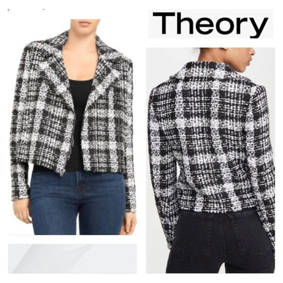 Theory Slim Moto Jacket In Rubber Plaid Tweed Jacket Blazer In Black & Whites 4 - Picture 3 of 12